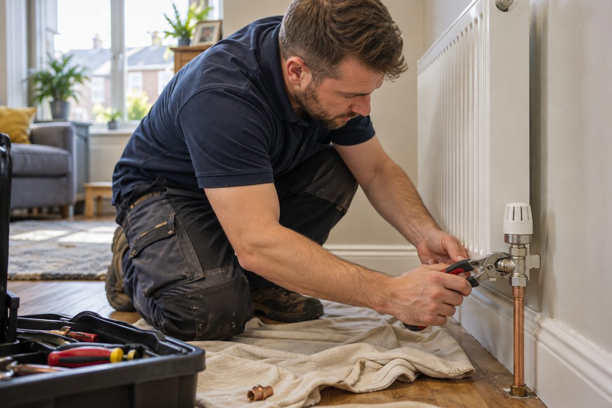 Illustrative plumber working on a radiator valve