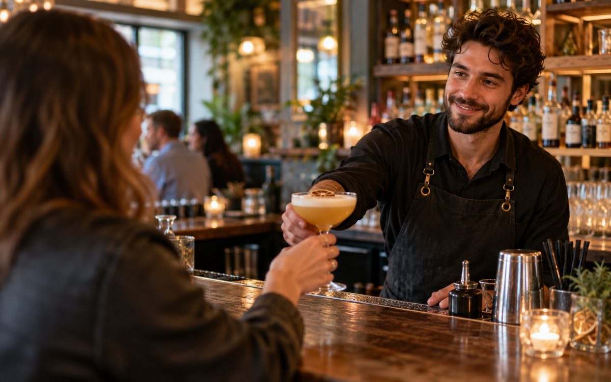 Illustrative bartender serving a guest at an independent bar