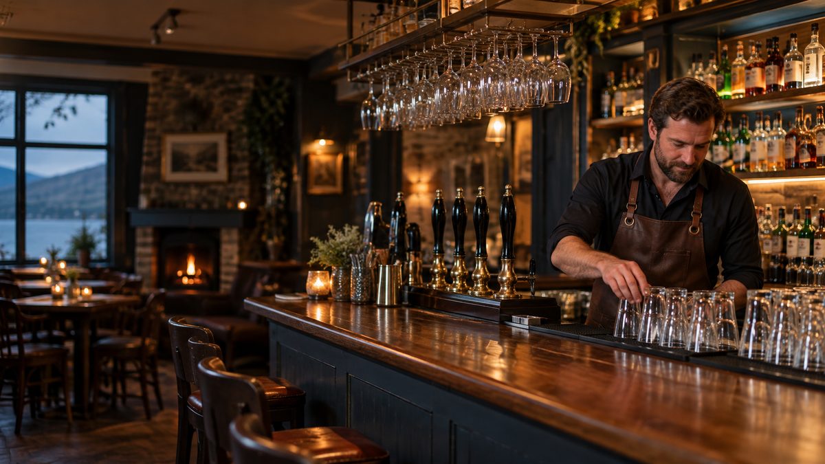 Illustrative pub owner preparing the bar for evening service