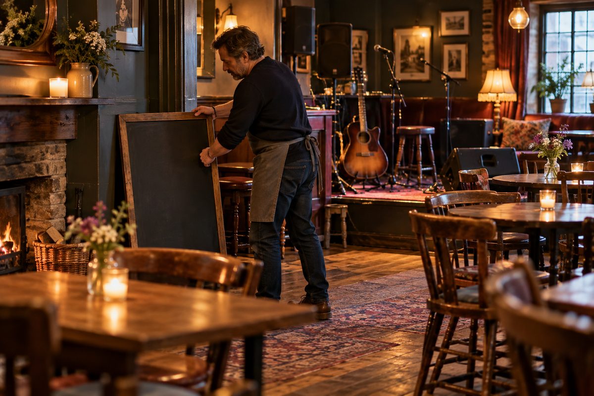 Illustrative pub owner arranging an event board before a live music night