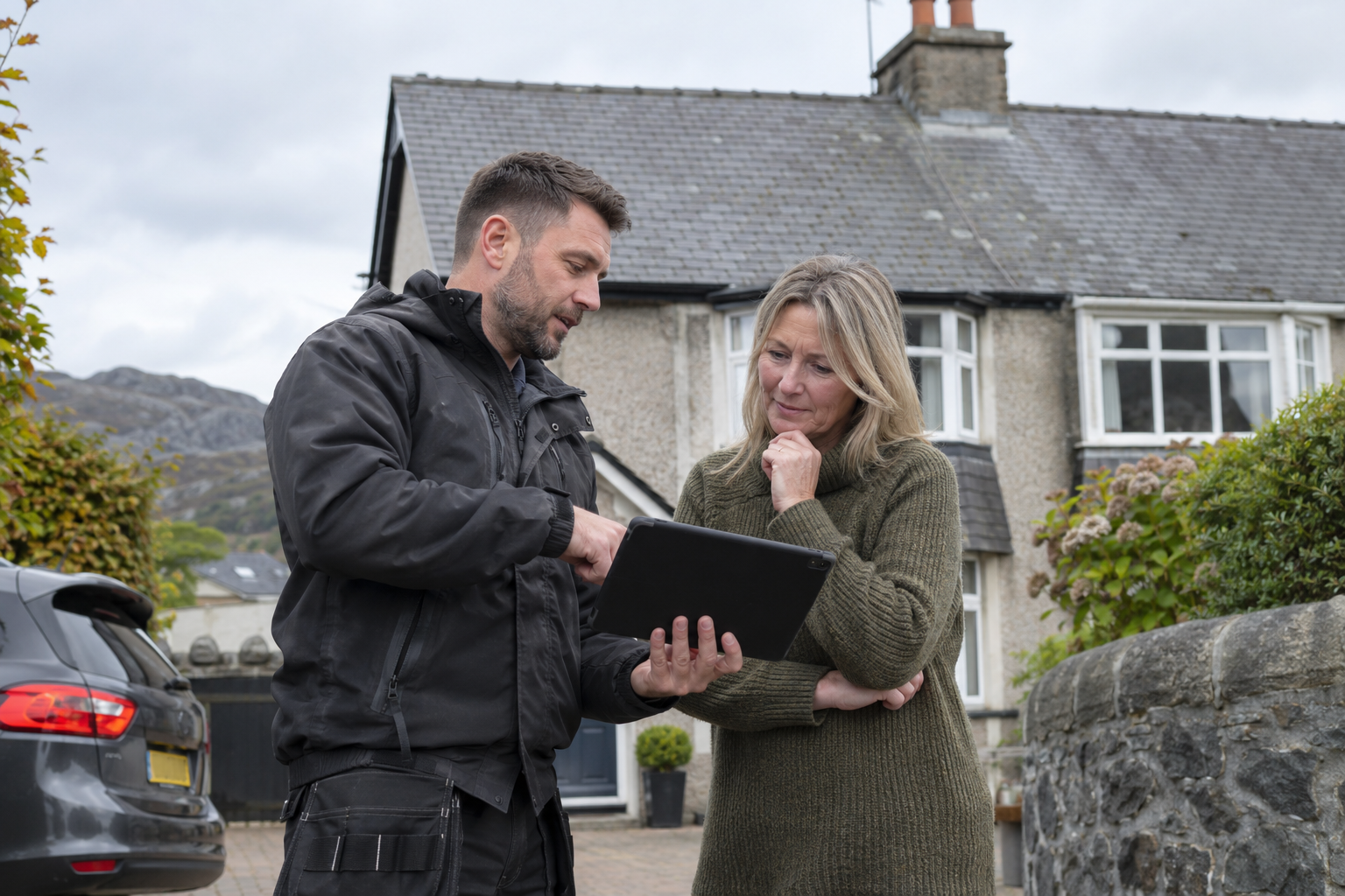Roofer explaining a roof inspection to a homeowner