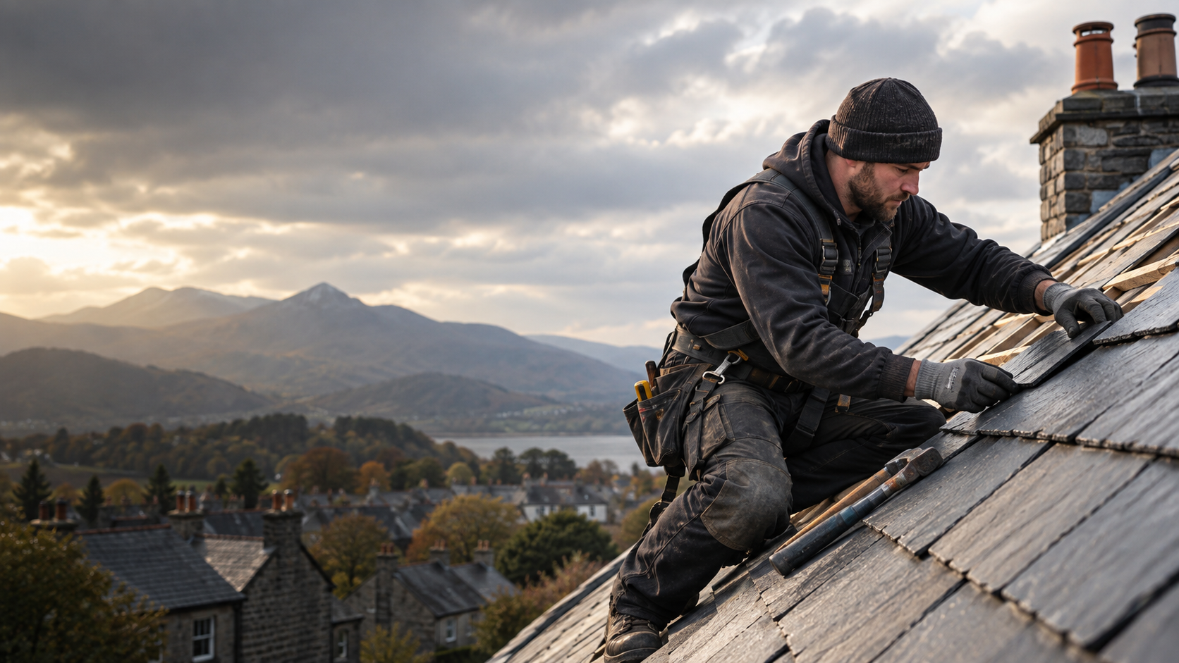 Professional roofer working on a slate roof in North Wales