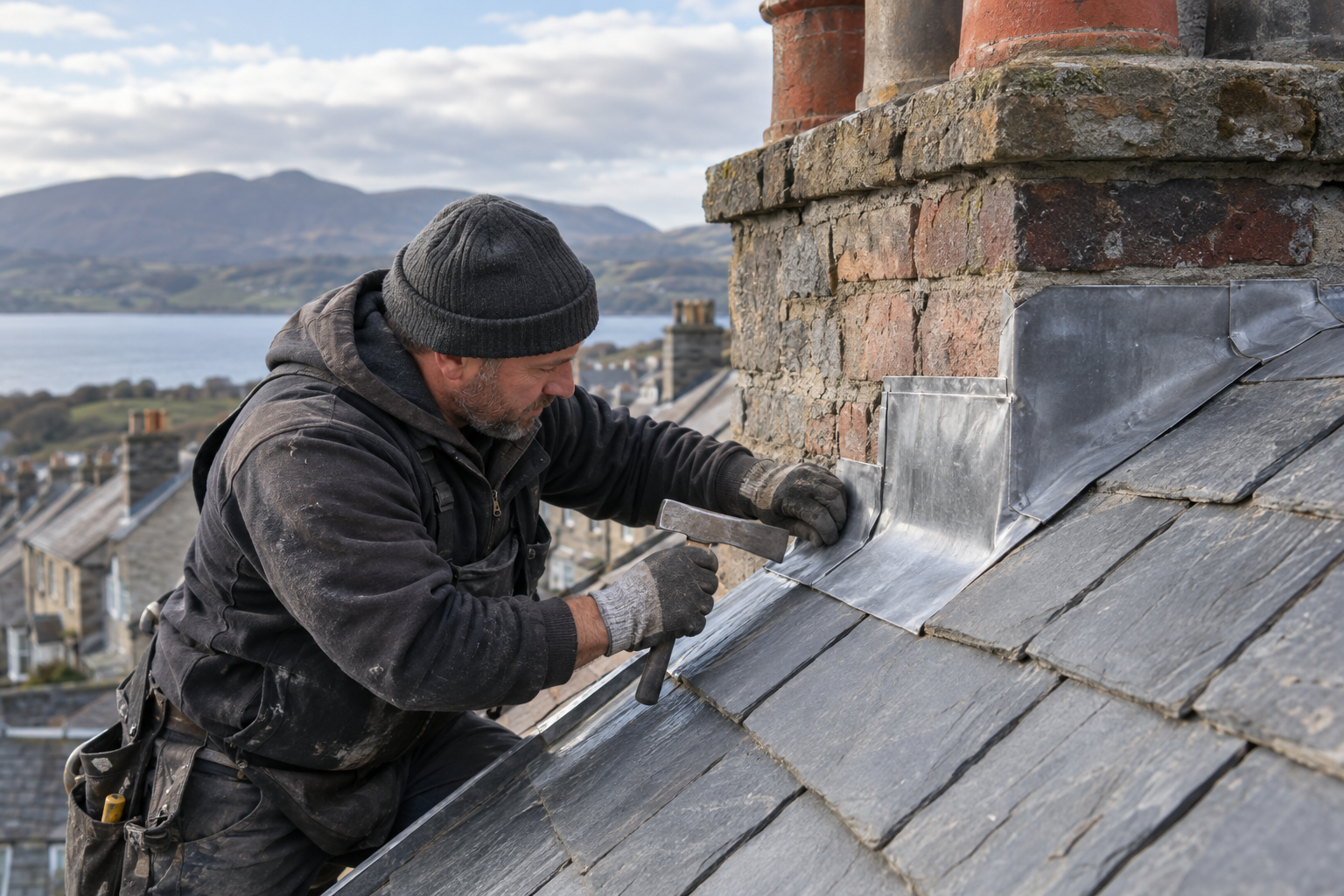 Roofer fitting lead flashing around a chimney on a slate roof