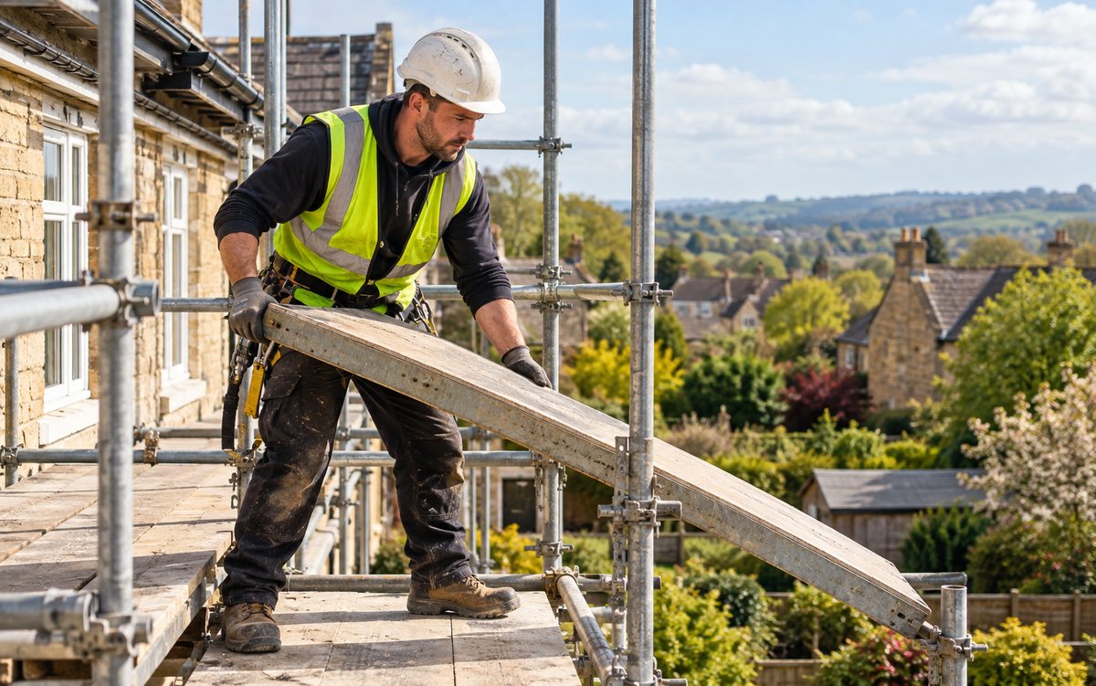 Illustrative scaffolder erecting a scaffold platform on a residential building