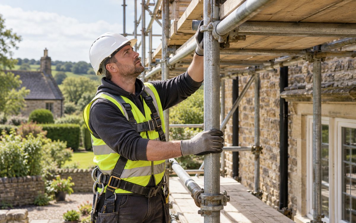 Illustrative scaffolder checking an erected scaffold on a renovation site