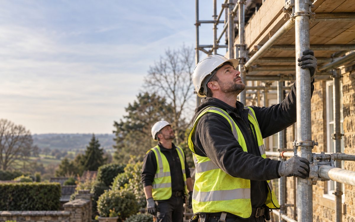 Illustrative scaffolder assessing a house exterior with a colleague