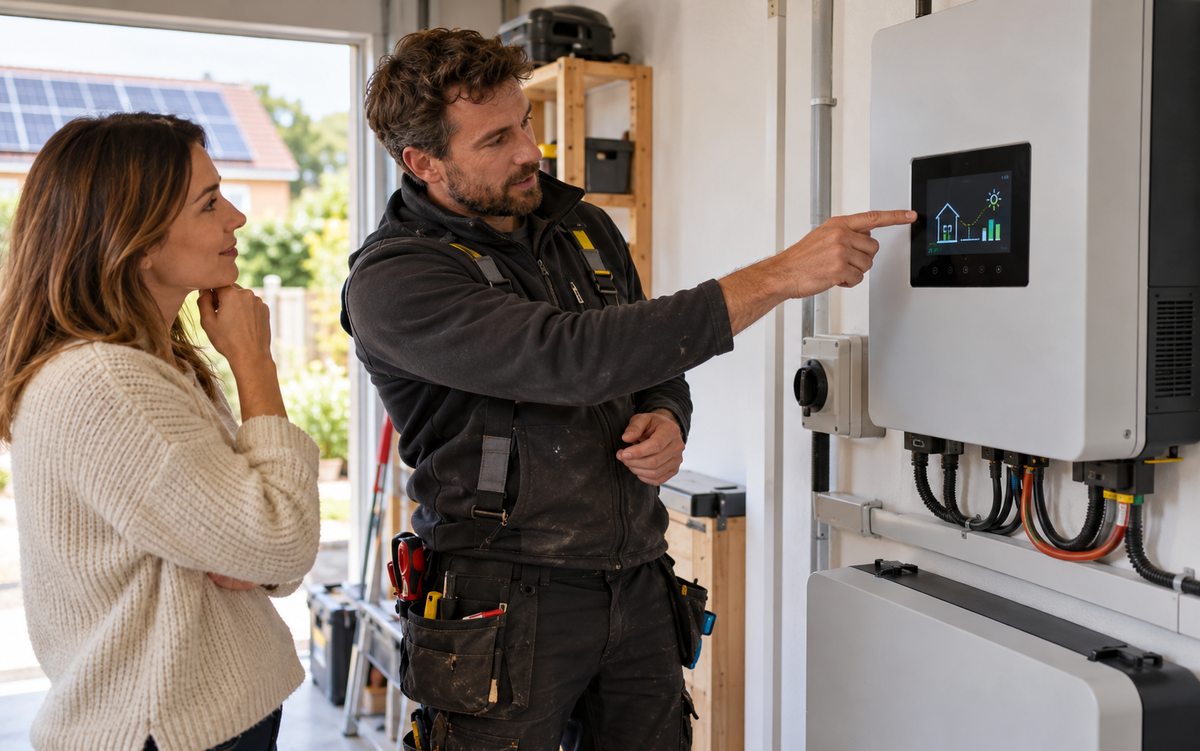 Illustrative solar panel installer discussing an inverter display with a homeowner