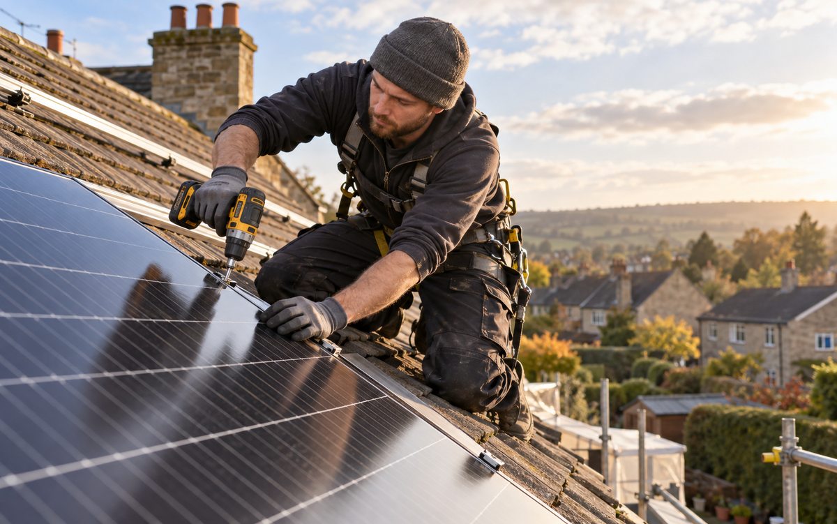 Illustrative solar panel installer fitting a solar panel on a pitched roof