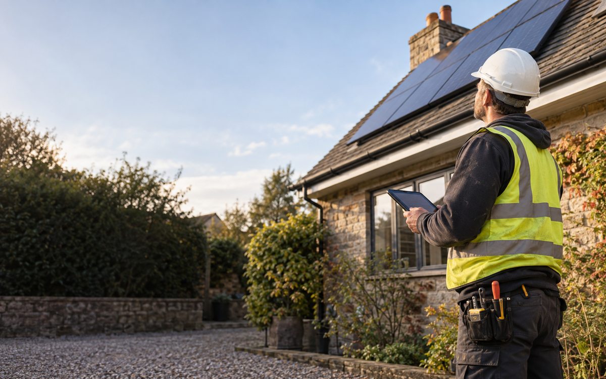 Illustrative solar panel installer surveying a domestic roof from ground level