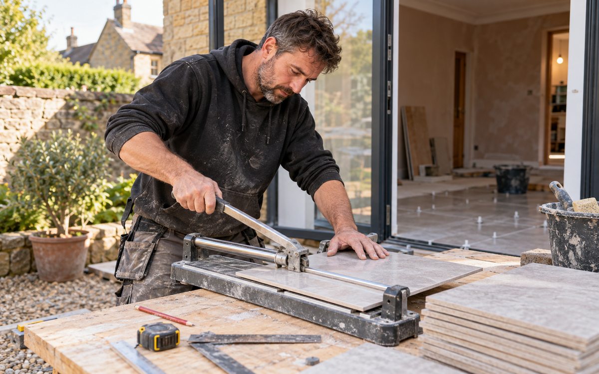 Illustrative tiler measuring and cutting a floor tile