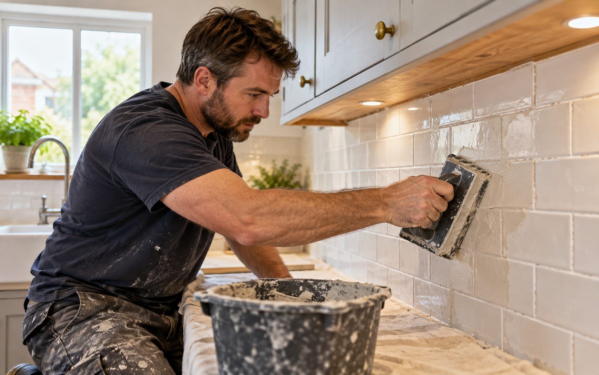 Illustrative tiler grouting a kitchen splashback