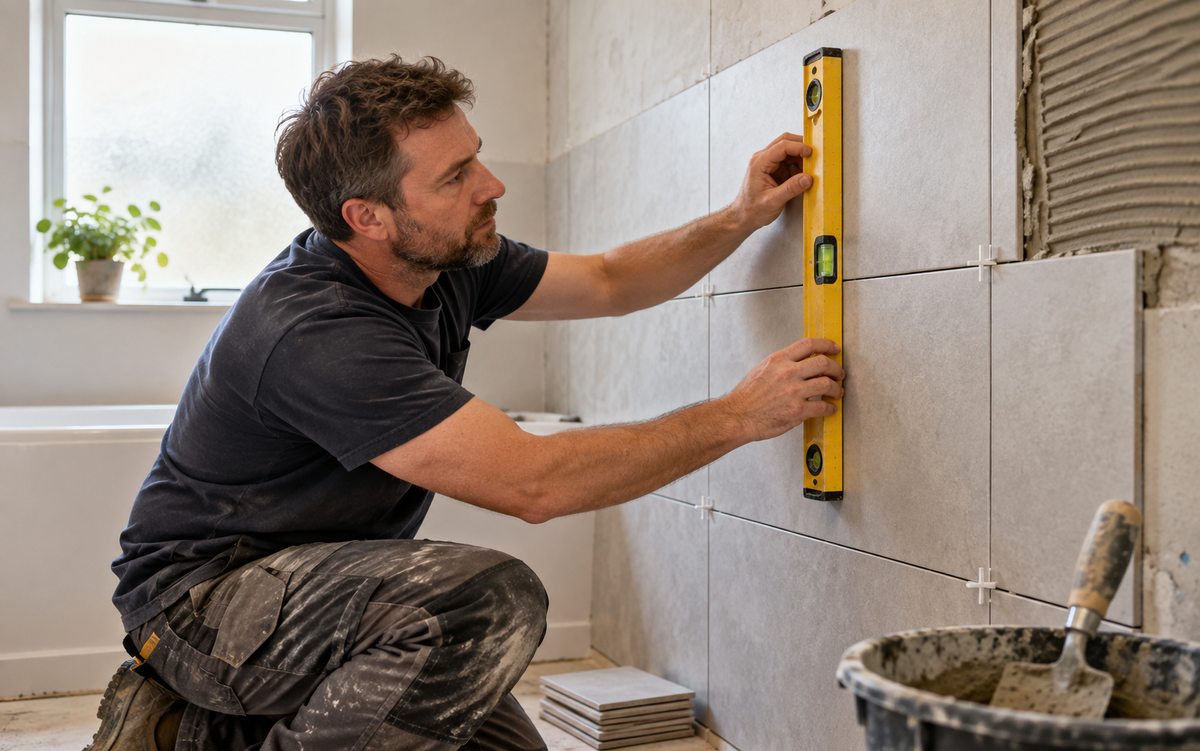 Illustrative tiler setting ceramic tiles on a bathroom wall