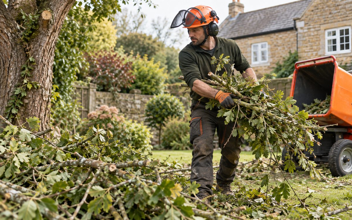 Illustrative tree surgeon clearing branches from a garden after a job