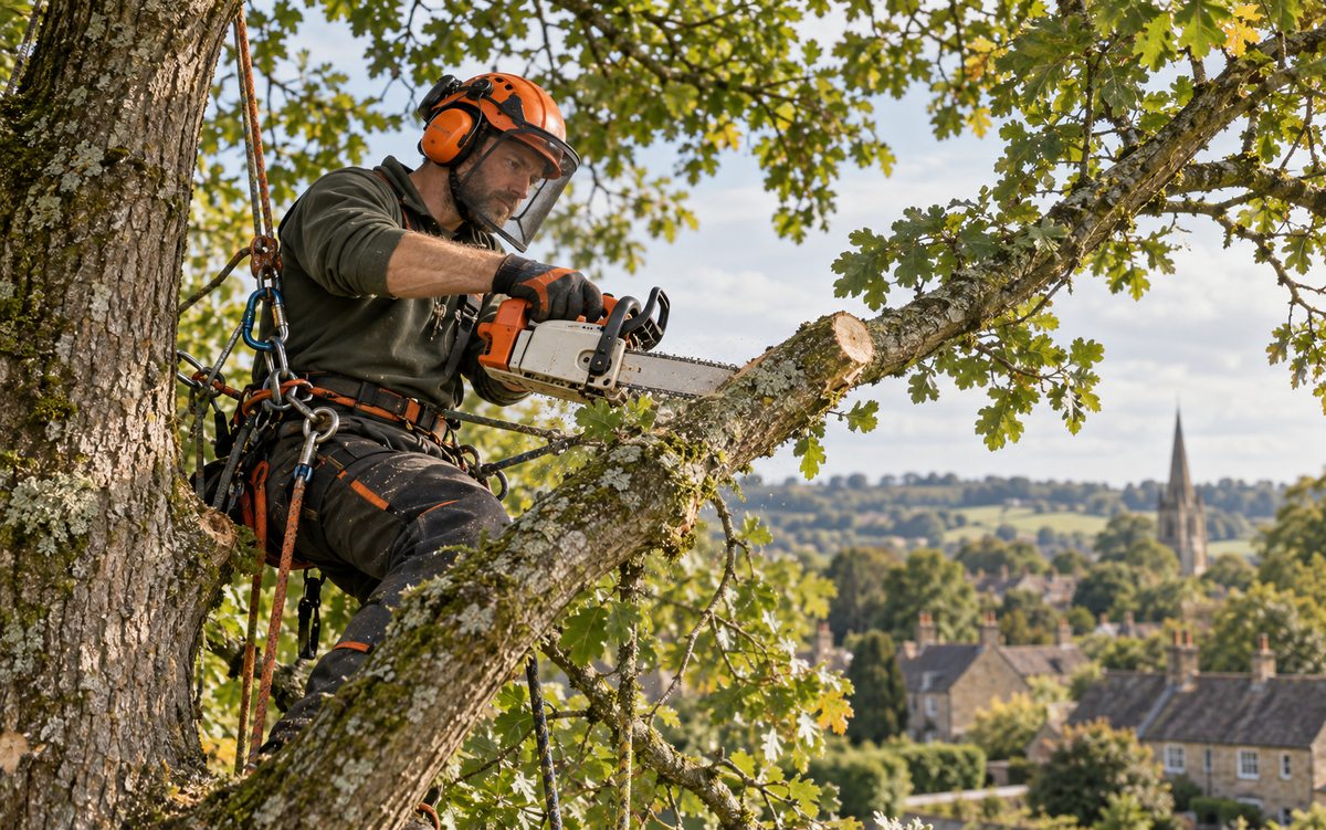 Illustrative tree surgeon pruning a tree while safely positioned with equipment