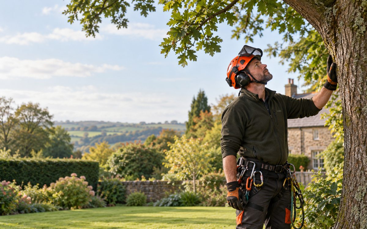 Illustrative tree surgeon inspecting a mature tree in a domestic garden