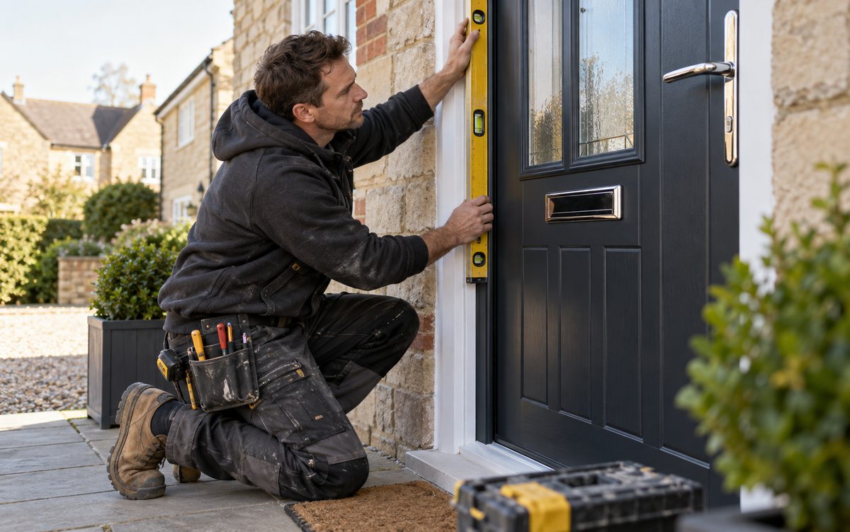 Illustrative door installer inspecting a newly fitted front door