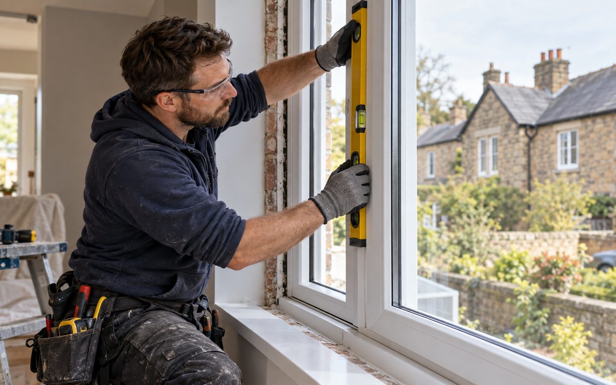 Illustrative window installer fitting a glazed window frame