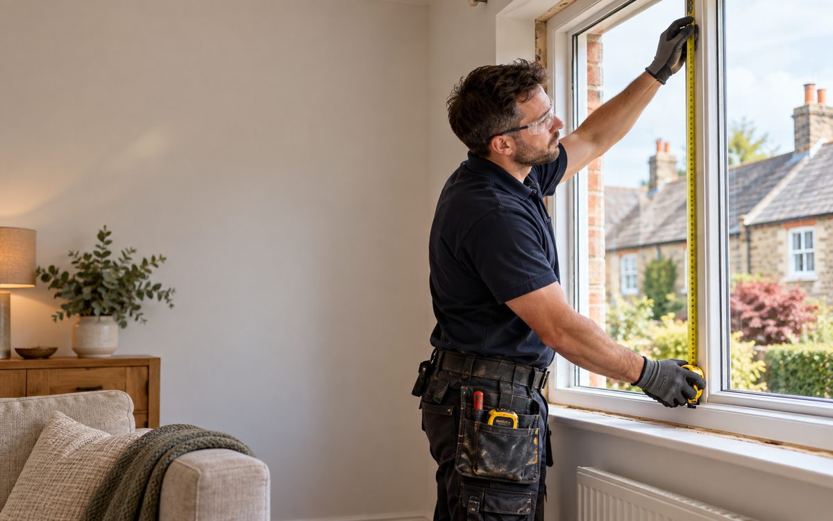 Illustrative window installer measuring a domestic window opening